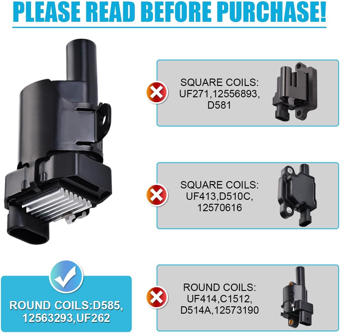 MAS Set of 8 Round Ignition Coils Pack UF262 & 748UU 8.5mm Spark Plug Wire Set Compatible with Chevy Hummer H2 Cadillac GMC Yukon Silverado Sierra 1500 4.8L 5.3L 6.0L Replacement for C1512 D585