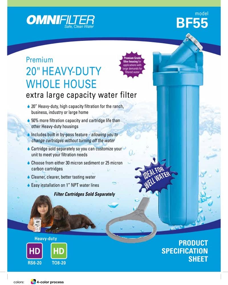 Pentair OMNIFilter BF55 Filter Housing, Premium 20' Heavy Duty Big Blue Whole House Water Filtration Housing with Built-in Bypass, 20-Inch, Blue