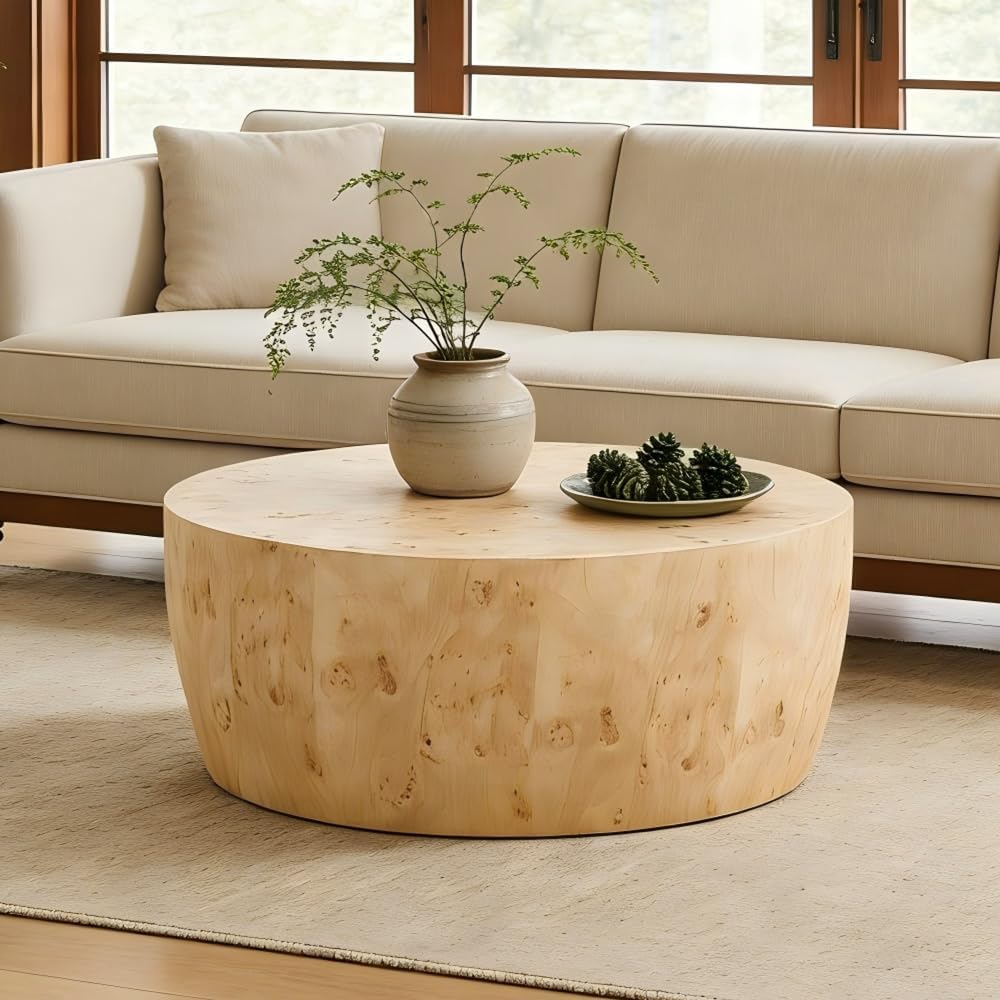 35' Rustic Drum Coffee Table for Living Room Round Center Table Modern Drum-Shape Wooden Cocktail Table for Home Office, Fully Assembled - Burl Wood Veneer Natural Color
