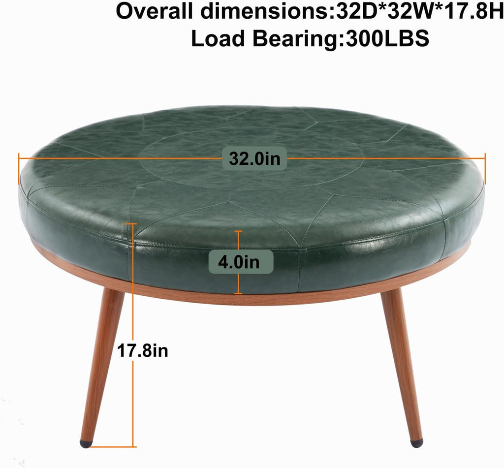 Round Ottoman, Large Faux Leather Footstool and Coffee Table, Cushioned Backless Chair for Living Room & Bedroom, Padded Seat Footrest, (Green)