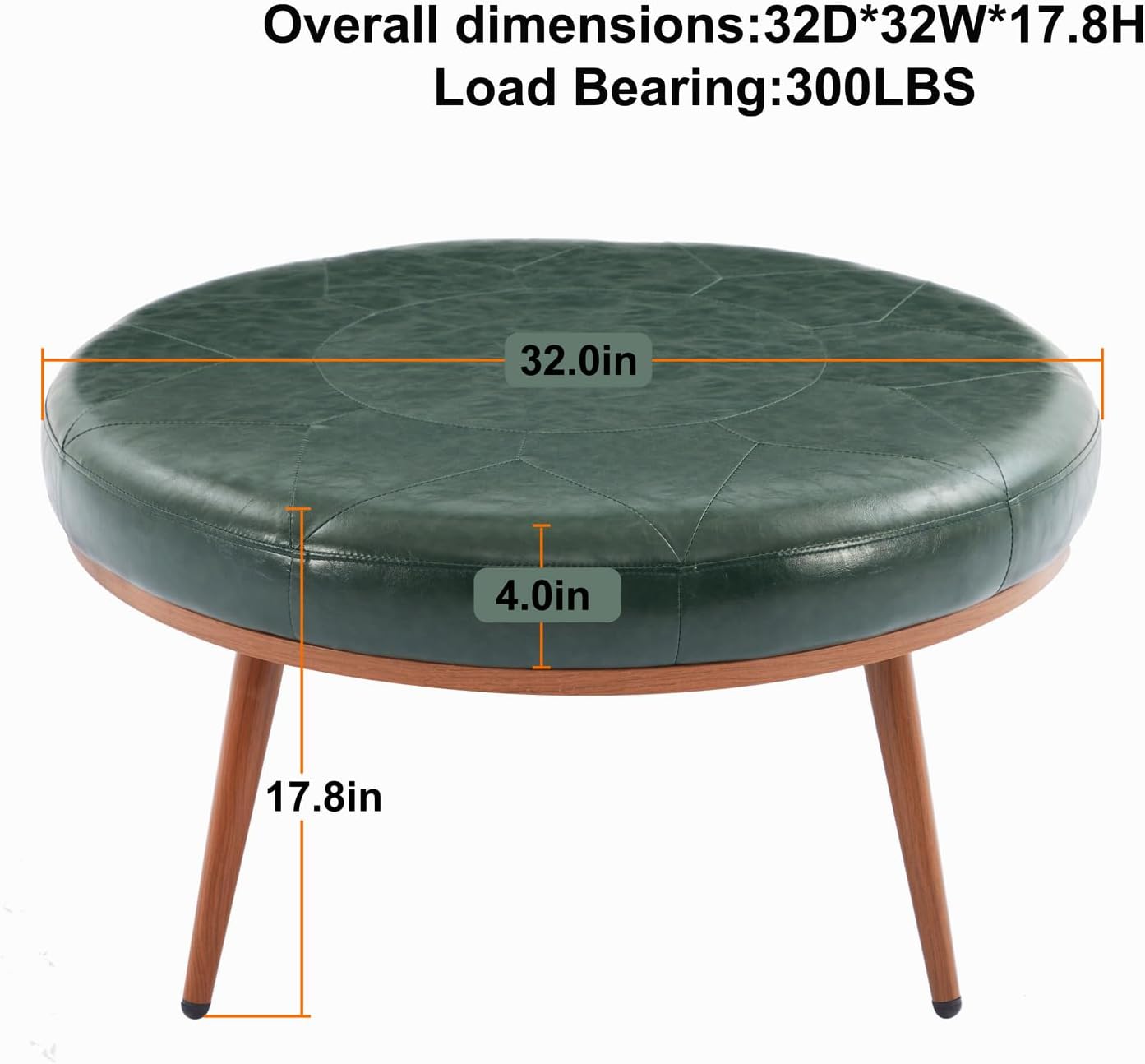 Round Ottoman, Large Faux Leather Footstool and Coffee Table, Cushioned Backless Chair for Living Room & Bedroom, Padded Seat Footrest, (Green)