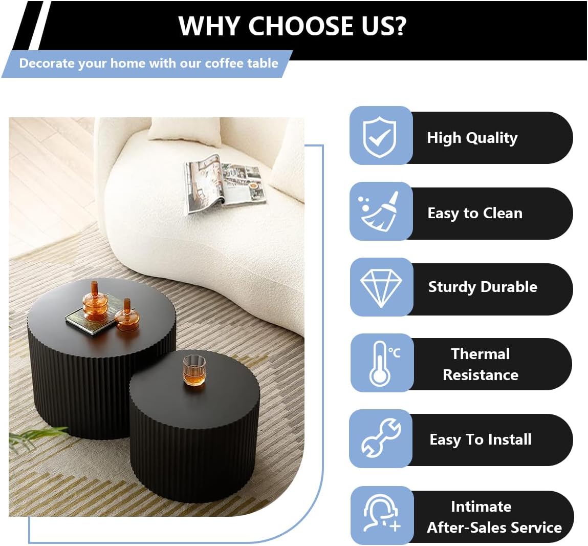 Round Coffee Table Set of 2 Modern Nesting Coffee Tables for Living Room Wave Stripe Round Coffee Table for Living Room Bedroom (C)