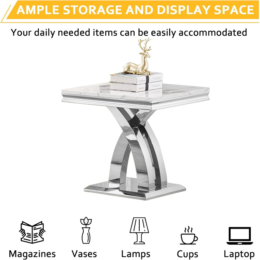 3 Pieces Coffee Table Set, Faux Marble Living Room Table Set of 3, Modern Coffee Table and 2 End Tables with X-Shaped Stainless Steel Base for Living Room (White Silver)