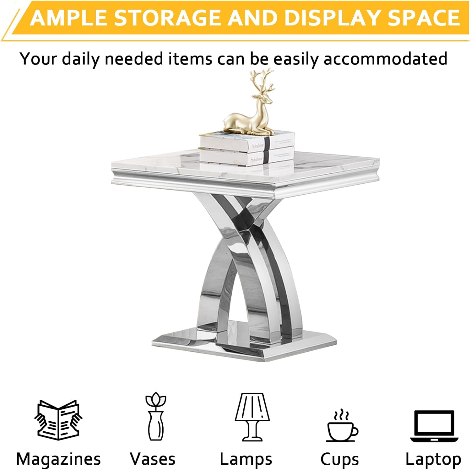 3 Pieces Coffee Table Set, Faux Marble Living Room Table Set of 3, Modern Coffee Table and 2 End Tables with X-Shaped Stainless Steel Base for Living Room (White Silver)