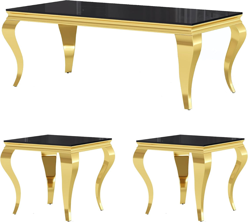 Glass Coffee Table Set of 3, Modern 3 Piece Living Room Set Include 1 Coffee Table and 2 End Tables, with Black Tempered Glass Top and Gold Stainless Steel Legs for Apartment