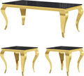 Glass Coffee Table Set of 3, Modern 3 Piece Living Room Set Include 1 Coffee Table and 2 End Tables, with Black Tempered Glass Top and Gold Stainless Steel Legs for Apartment