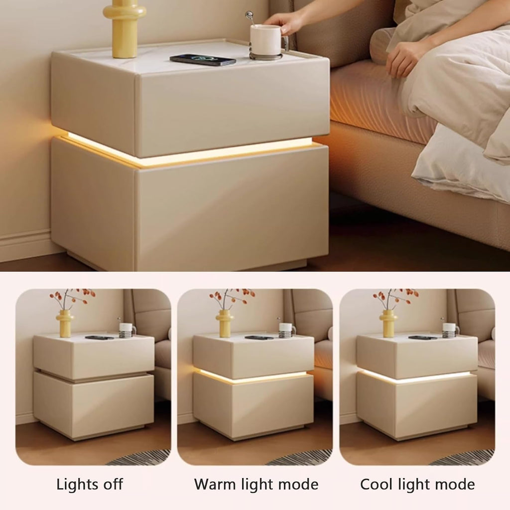 White Night Stand, Modern Nightstand with Touch-Sensitive Tri-Color Lighting & Slab Tabletop, Solid Wood, Concave Cabinet Legs