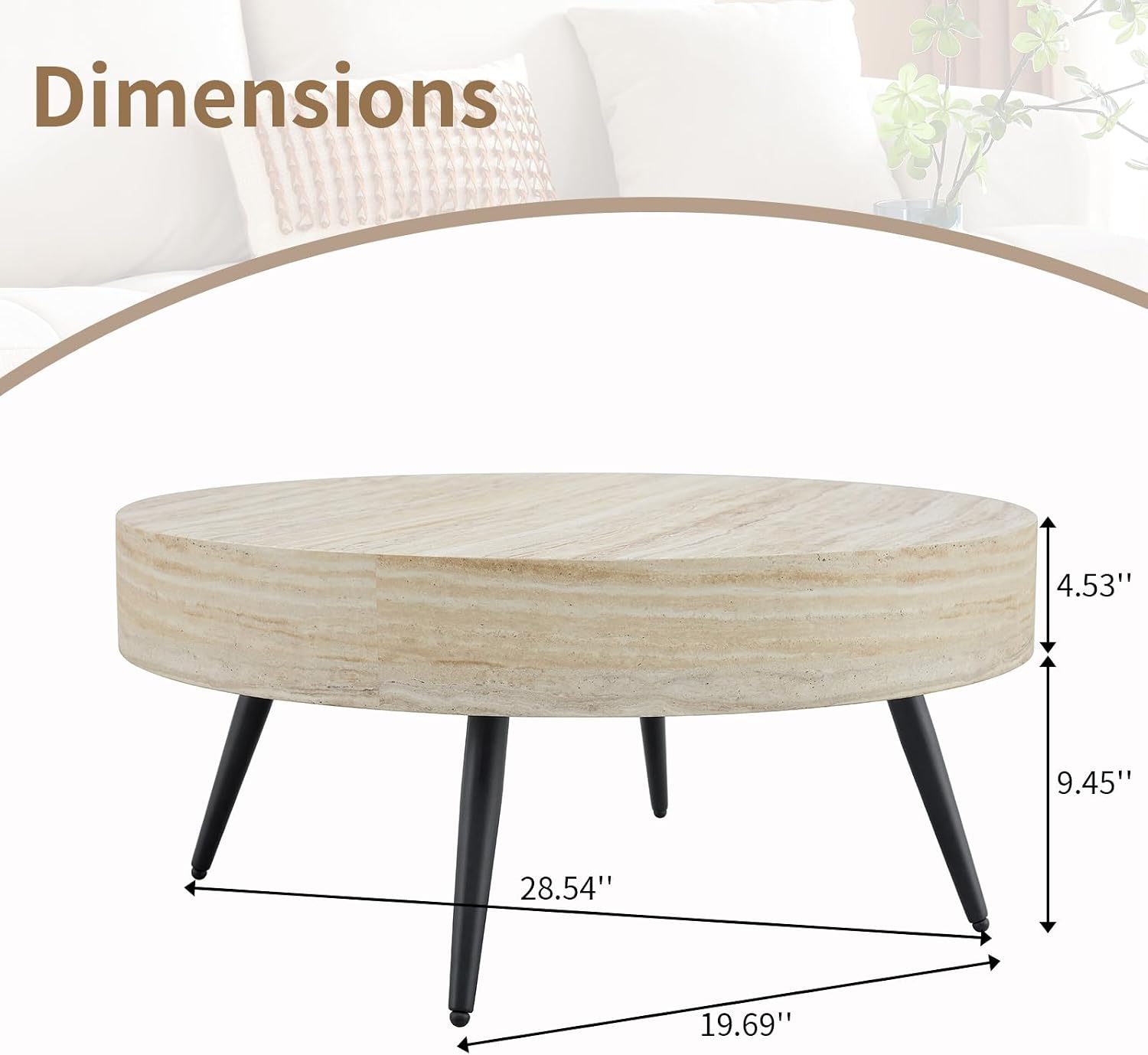 Round Coffee Table, Small Wood Stone Coffee Table with Storage, Modern Mid Century Circle Tables Accent Center Tables for Living Room Apartment Small Space (31.5''D-Stone Travertine Pattern)