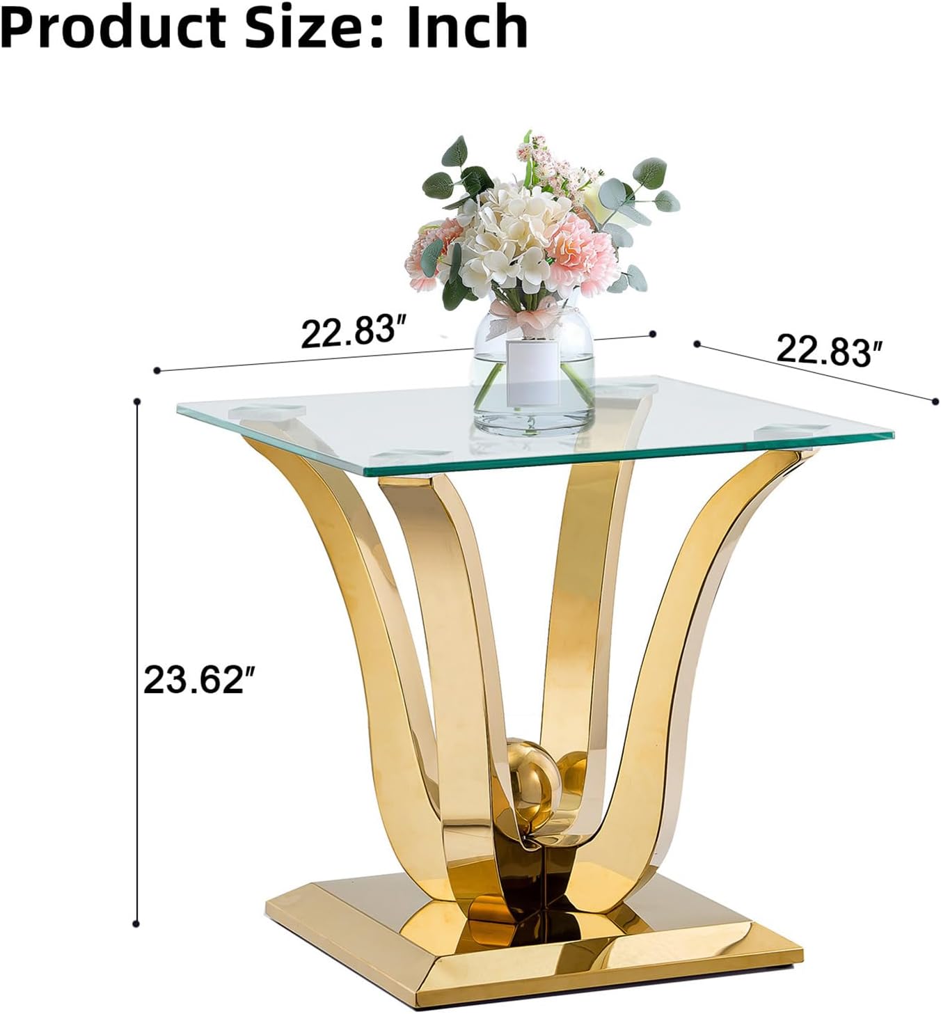Modern Glass End Table Small Side Table with Gold Gorgeous Stainless Steel Base Square Glass Nightstand End Table Small Bedside Table Couch Sofa Table for Living Room Bedroom