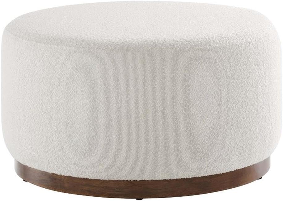 Modway Tilden 29 Inch Round Boucle Upholstered Ottoman in Cloud Walnut - Round Ottoman Coffee Table for Living Room - Large Ottoman Foot Rest with Rubberwood Plinth Base