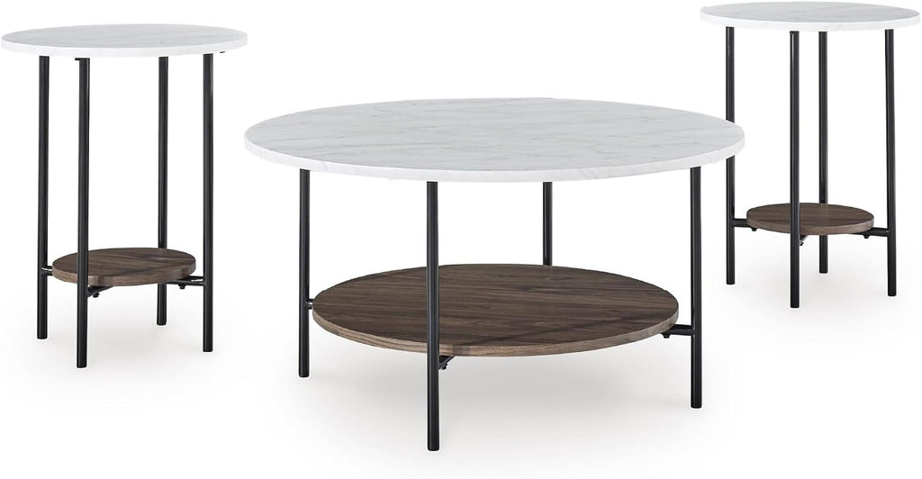 Signature Design by Ashley Wrenwich Contemporary Faux Marble Table with Shelf, Set of 3, Dark Brown & White