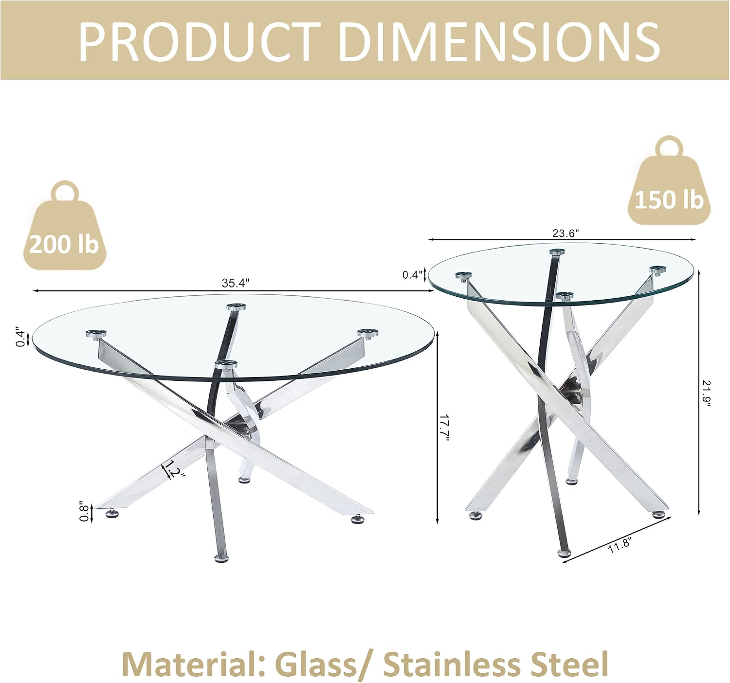 Round Glass Coffee Table Set of 3 Modern Living Room Table Set 1 Coffee & 2 End Table Set with Stainless Steel Legs, Clear Center Cocktail Tables (Silver, Set of 3 Round)