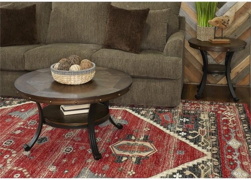 Pemberly Row Rustic Round Wood and Metal Coffee Table, Oak Veneer Top, Rustic Umber Brown Finish, Antique Brass Nailheads, 36 in x 36 in x 19 in, Sturdy Metal Base with Shelf for Living Room Use
