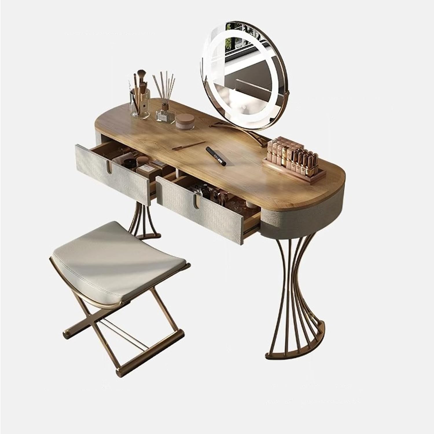 Thick Table Top Vanity Desk with Mirror Tri-Colour Lighting Creative Design Mirror Stainless Steel Stand Solid Wood Frame Makeup Table