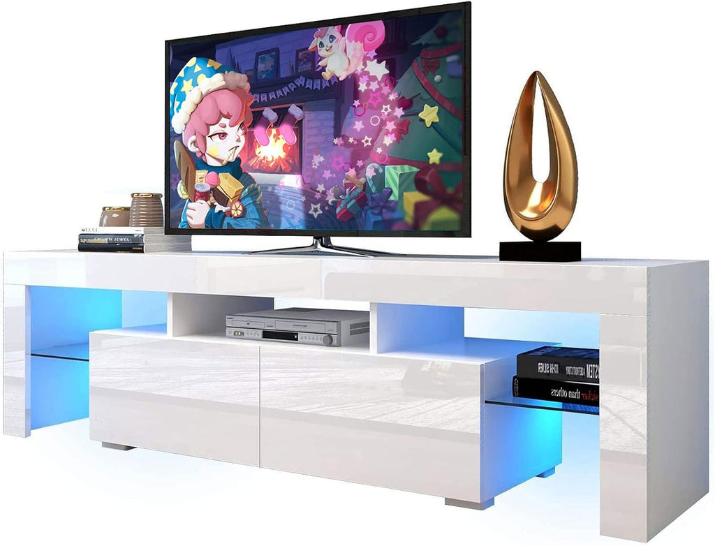 White LED TV Stand for /50/60/70 Inch TVs with Color Change LED Lighting, Universal Entertainment Center for Video Gaming, Movies, and Home Decor, Clear Glass Shelving (White2)