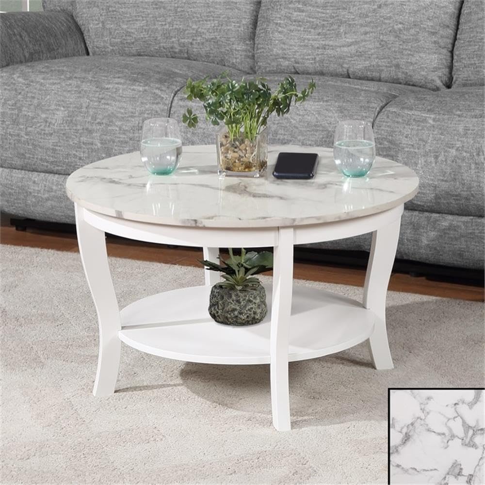 Pemberly Row Round Coffee Table with Shelf, 30 in Diameter, White Wood and Faux Marble, Two-Tier Design, Solid Rubberwood Legs, Modern Accent Table for Living Room or Lounge