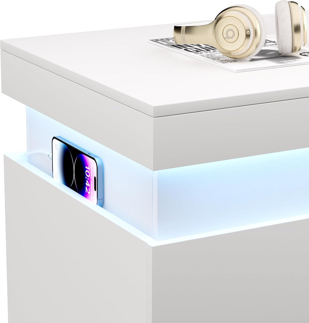 Modern LED Nightstand with Charging Station, 3 Drawers, RGB Lighting, Built-in Power Hub, White End Table, 28.8W x 17D x 30.5H inches (White)