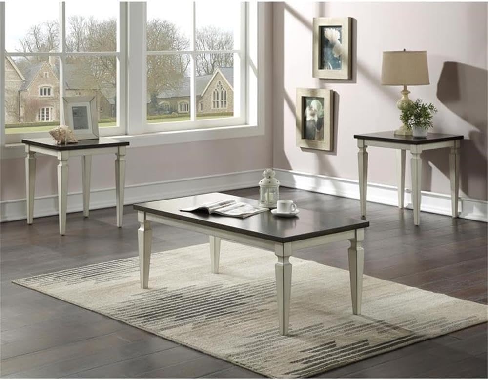Bowery Hill 3-Piece Coffee Table Set, Antique White and Brown Finish, MDF and Wood, Includes Coffee Table and 2 End Tables, Transitional Style, Living Room Furniture with Two-Tone Design, Tapered Legs
