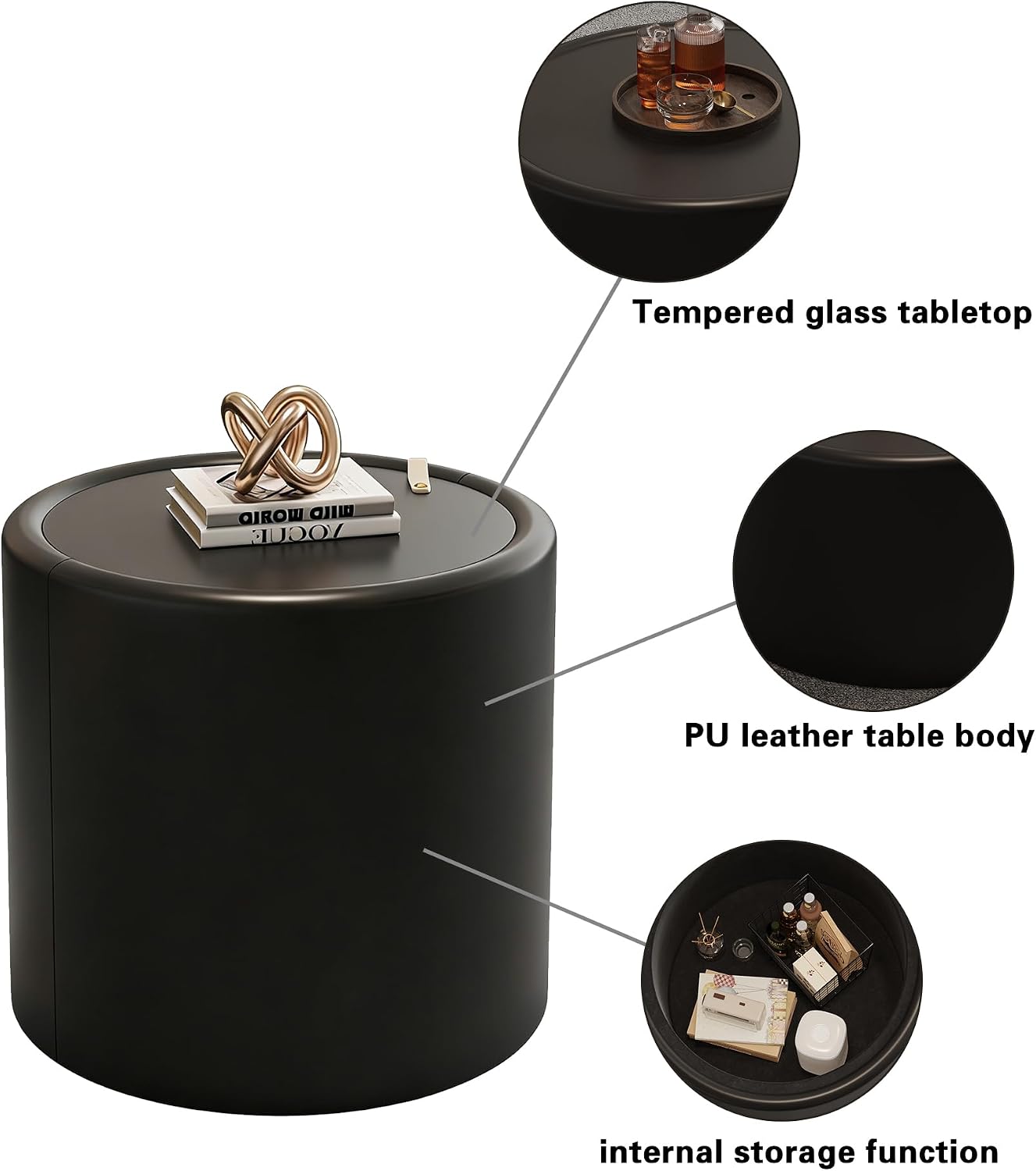 Black Round End Table with Tempered Glass Top, PU Leather Accent Side Table with Hidden Storage, No Assembly Required Modern Coffee Tables for Living Room