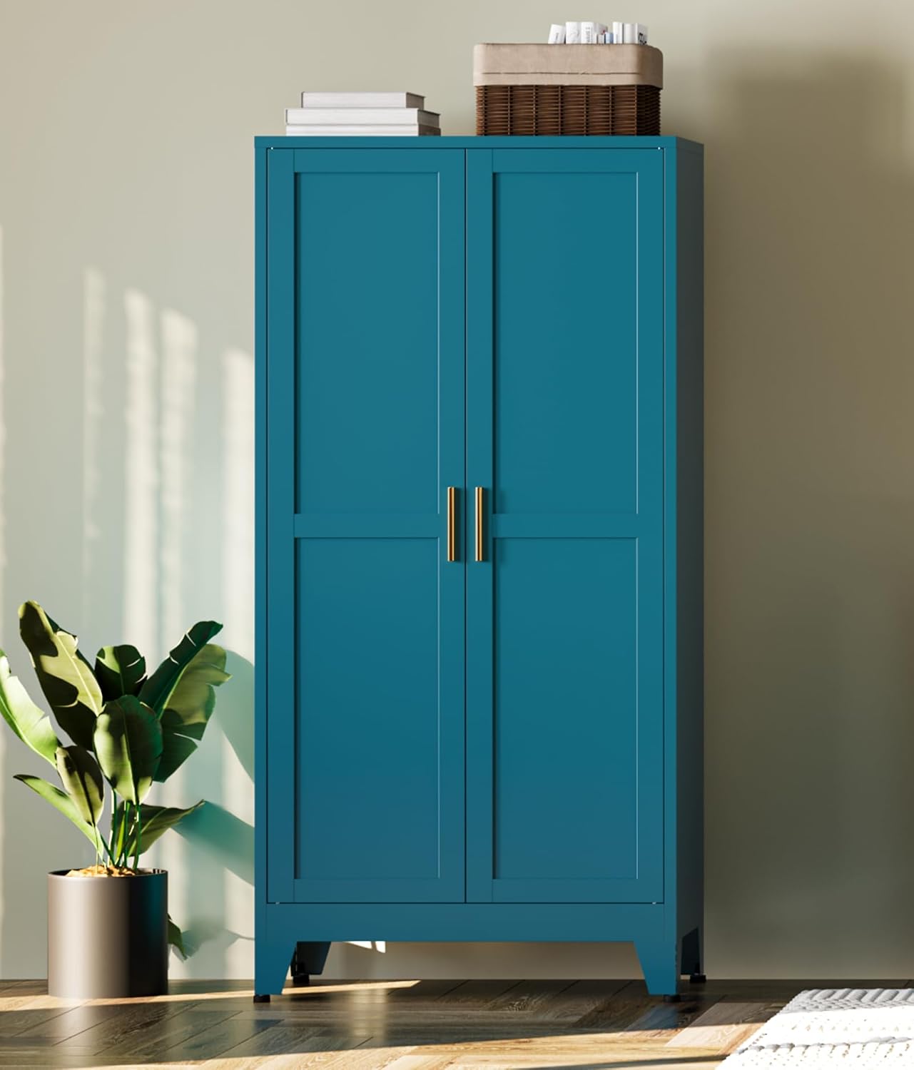 Bevivog Bathroom Storage Cabinet Freestanding, 61' Tall Metal Cabinets with Doors and Shelves, Blue Metal Pantry Cabinet for Kitchen, Living Room, Home Office