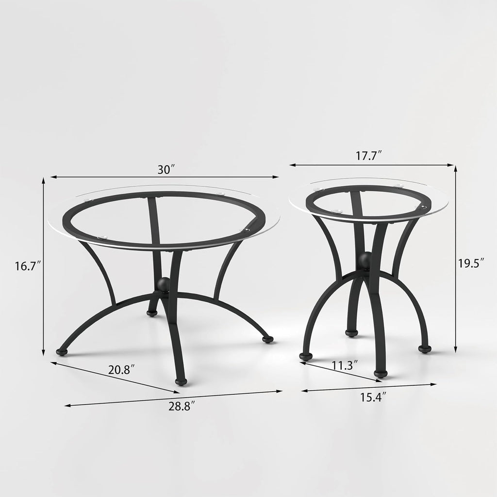 Glass Coffee Table Sets of 3 for Living Room,30' Mordern Round End Tables,Tempered Glass Top with Rustic Black Metal Frame, Sturdy Nesting End Tables