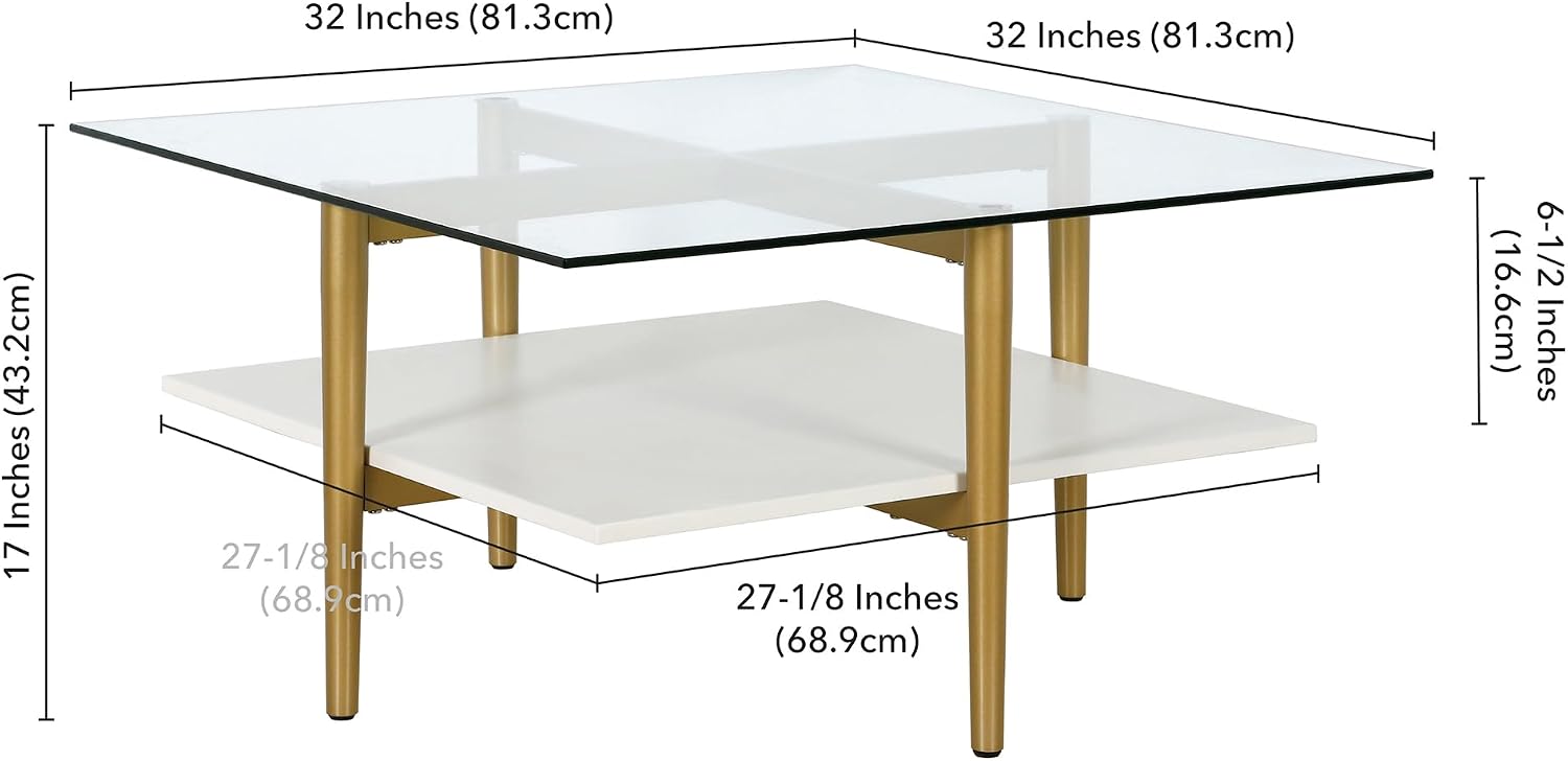 Otto 32' Wide Square Coffee Table with White Lacquer Shelf in Brass