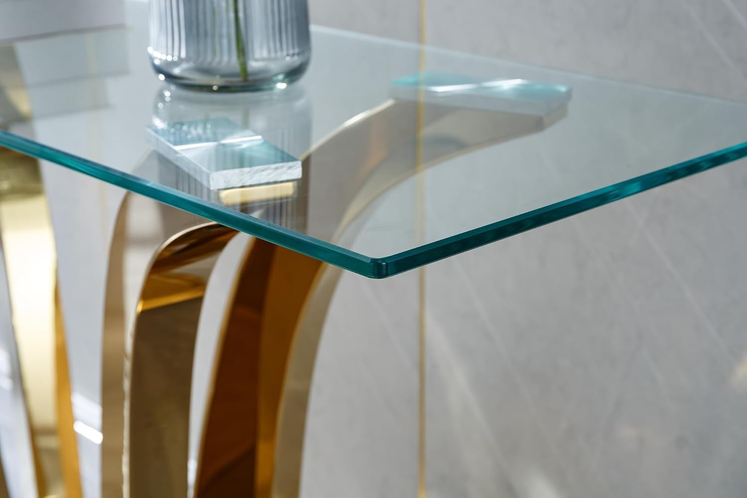 Modern Gold Glass Console Table, 47' Rectangle Entryway Table with Tempered Glas Top & Stainless Steel Frame, Luxury Glass Console Table Behind Sofa Table Hallway Table for Entrance Living Room