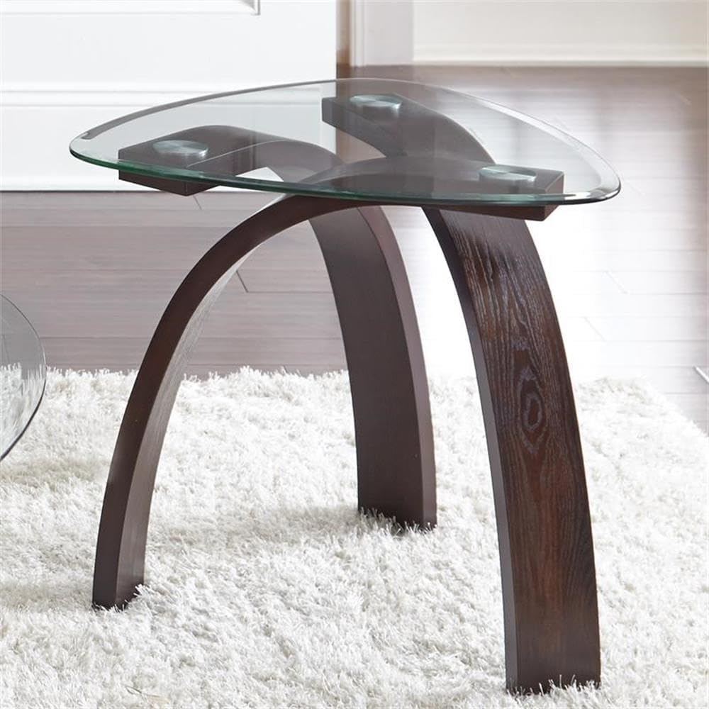 BOWERY HILL 3-Piece Coffee Table Set, Merlot Cherry Finish, Mixed Media Design, Beveled Glass Triangular Tops, Bentwood Base, Includes 1 Coffee Table and 2 End Tables, Modern Living Room Furniture