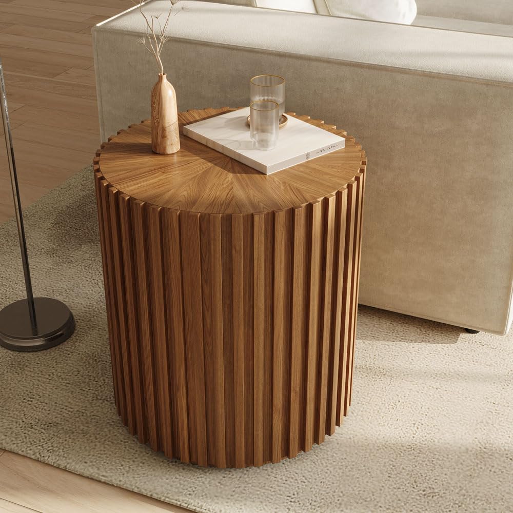 POVISON Round Coffee Side Table, Mid Century Wood End Table, Fluted Side Table for Living Room Bedroom Office, 20.08', Light Walnut