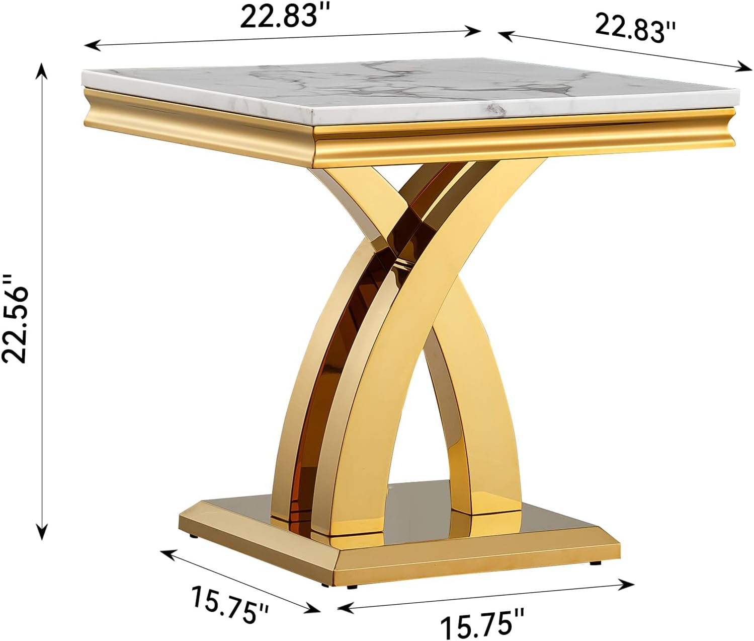 Modern Marble End Table,22' Suqare Side Table with Gold X-Shape Stainless Steel Base,Luxury White Faux Marble End Table Nightstand Pedestal Stand Lamp Table for Hallway, Living Room, Bedroom