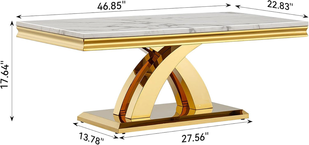 47in White Gold Coffee Table, Modern Faux Marble Coffee Table Living Room Table with Double X-Shaped Stainless Steel Base,Rectangle Marble Coffee Cocktail Table Center Table for Home&Office