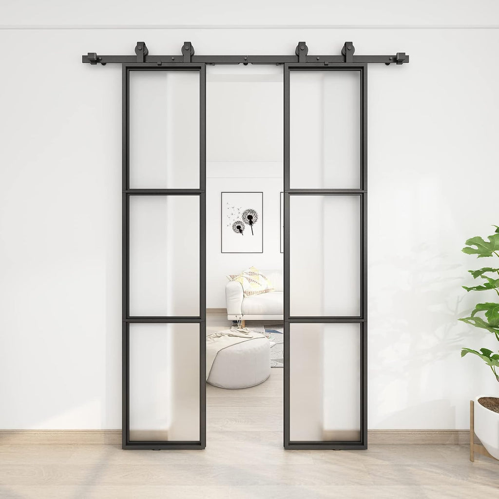 JUBEST 36 x 84 Inch Double Barn Door with 6FT Hardware Kit and Soft Close Mechanism Include, 2 Sets of 18in x 84in 3-Paneled Frosted Glass with Carbon Steel Frame Barn Door, Easy to Install