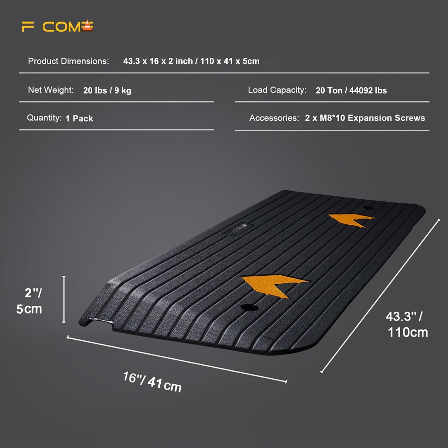 Rubber Threshold Ramp for Doorways Heavy Duty 5cm 2' Rise Wheelchair Ramp, 1 Pack Recycled Rubber Power Curb Ramp for Door Threshold Wheelchair Scooter Curb Ramp(RTR50)