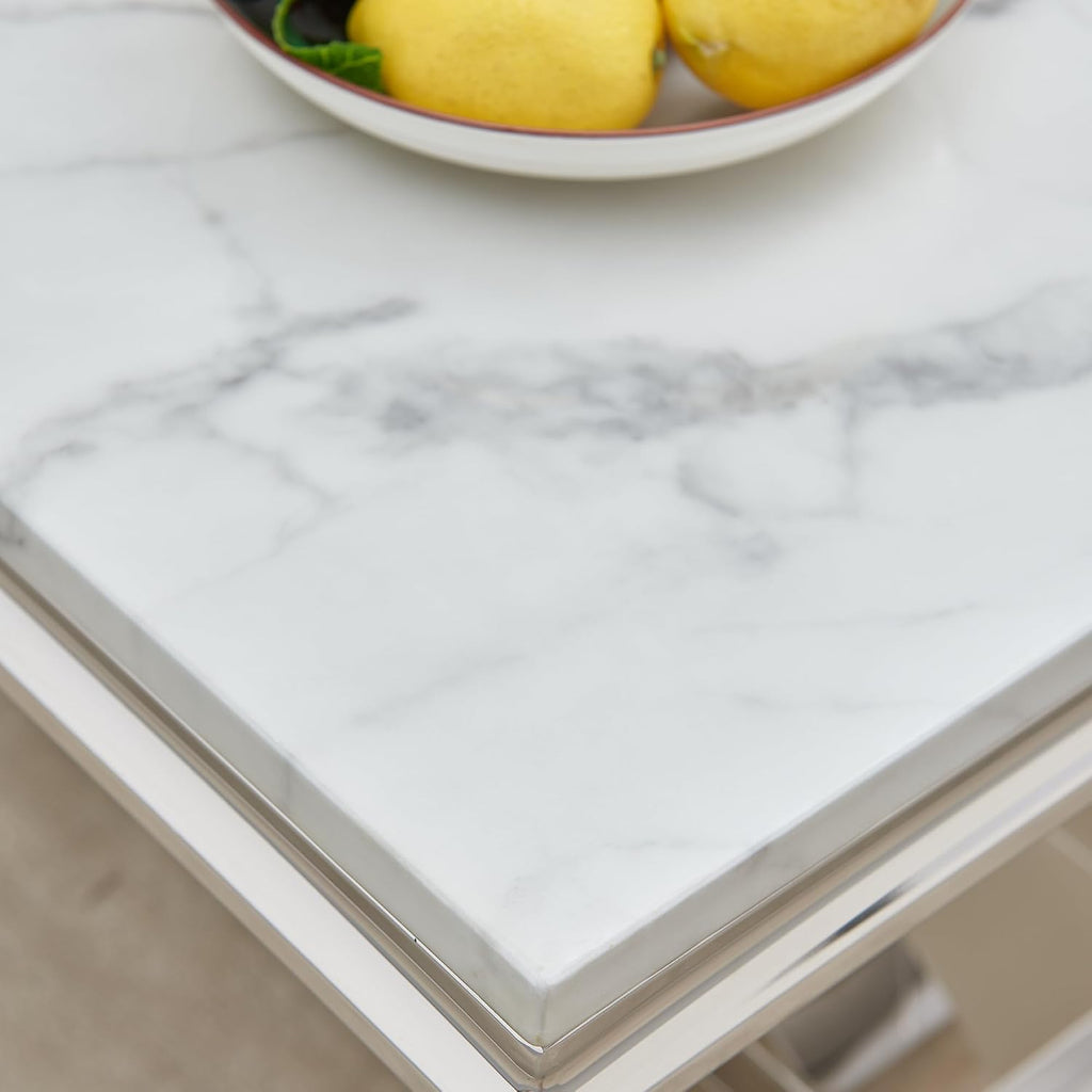 Marble Coffee Table, 47' White Faux Marble Rectangular Cocktail Table with Mirrored Finish Double O-Shape Stainless Steel Base, Central Cocktail Tea Tables for Living Room Office, Silver