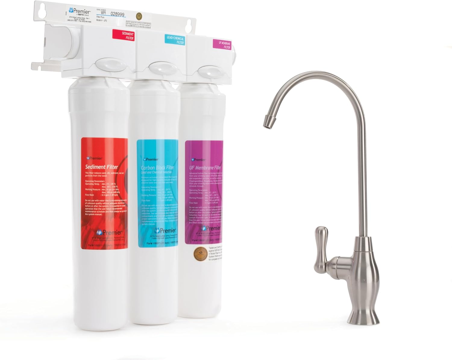 Watts Premier Annual Pure UF-3 5-Pack Filter Kit for 3-Stage Ultra Filtration and RO Pure Reverse Osmosis System, Push Button, 2 Sediment Filters, 2 LVOC Carbon Filters, UF Membrane, WQA Certified
