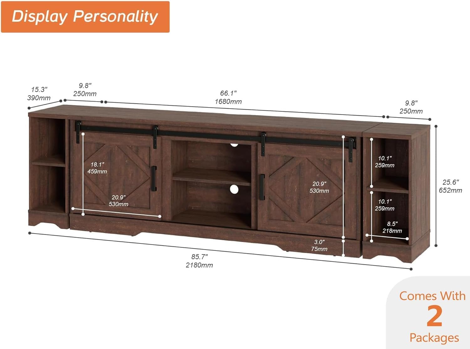 WAMPAT 3-in-1 Modern Farmhouse TV Stand for up to 95' TV, 25.6' H Wood Entertainment Center with Sliding Barn Door and Adjustable Media Storage Shelf for Living Room, Dark Walnut Brown