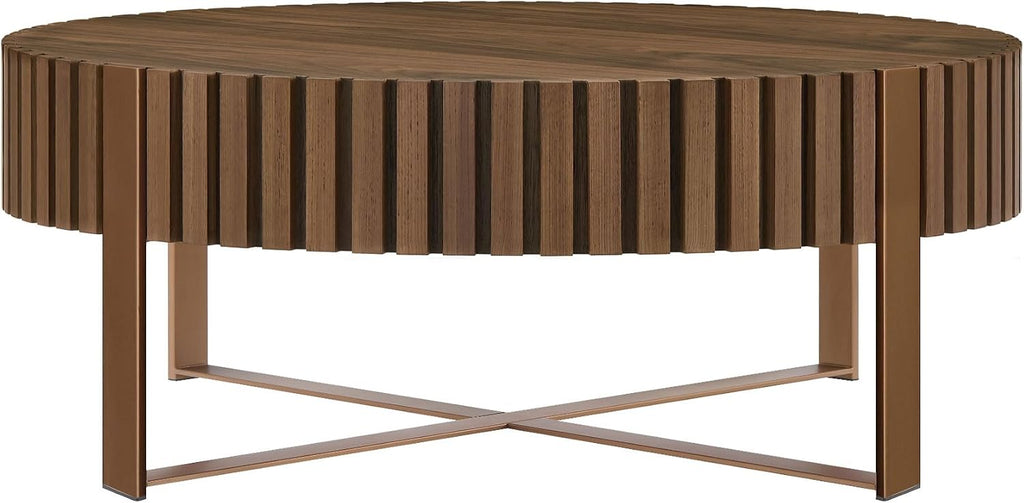 31.49'' Walnut Round Coffee Table, Modern Wood Circle Fluted Coffee Table for Living Room, Rose Gold Legs, Easy Assembly, Walnut