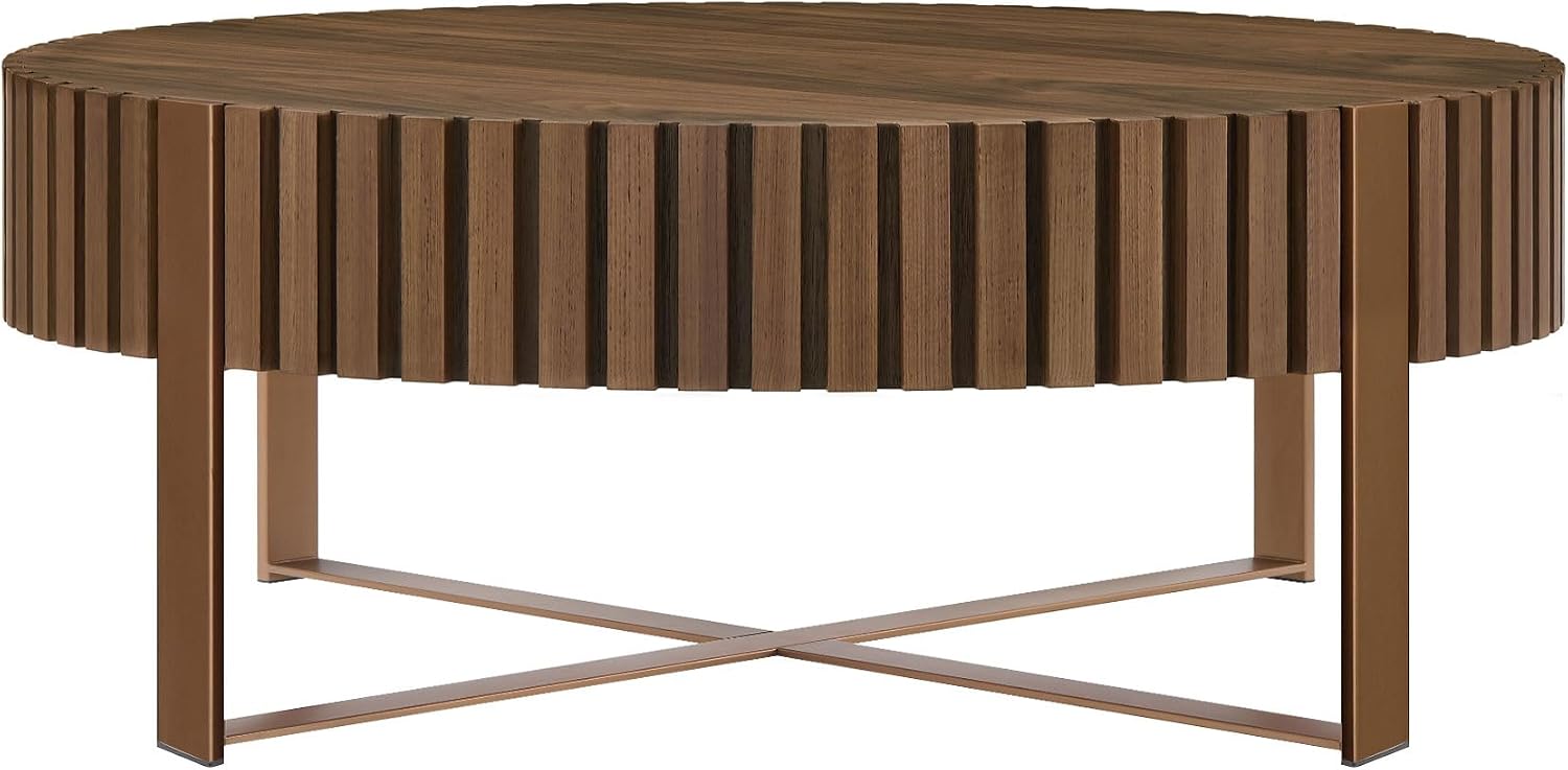 31.49'' Walnut Round Coffee Table, Modern Wood Circle Fluted Coffee Table for Living Room, Rose Gold Legs, Easy Assembly, Walnut