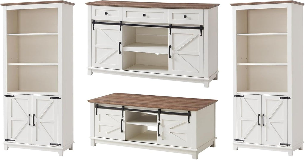 AMERLIFE TV Stand with Set of 2 Bookcases and Coffee Table, Farmhouse Entertainment Center for 65 Inch Television with Sliding Barn Doors & Storage Drawers, for Living Room, Bedroom, Rustic White