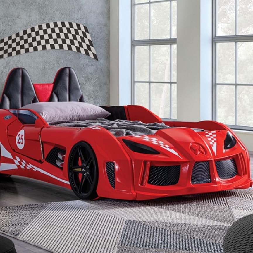 MASARA Race Car Twin Size Bed Frame for Boys with LED Lights, Music Player & Magnetic Doors | Kids Bedroom Furniture, Red