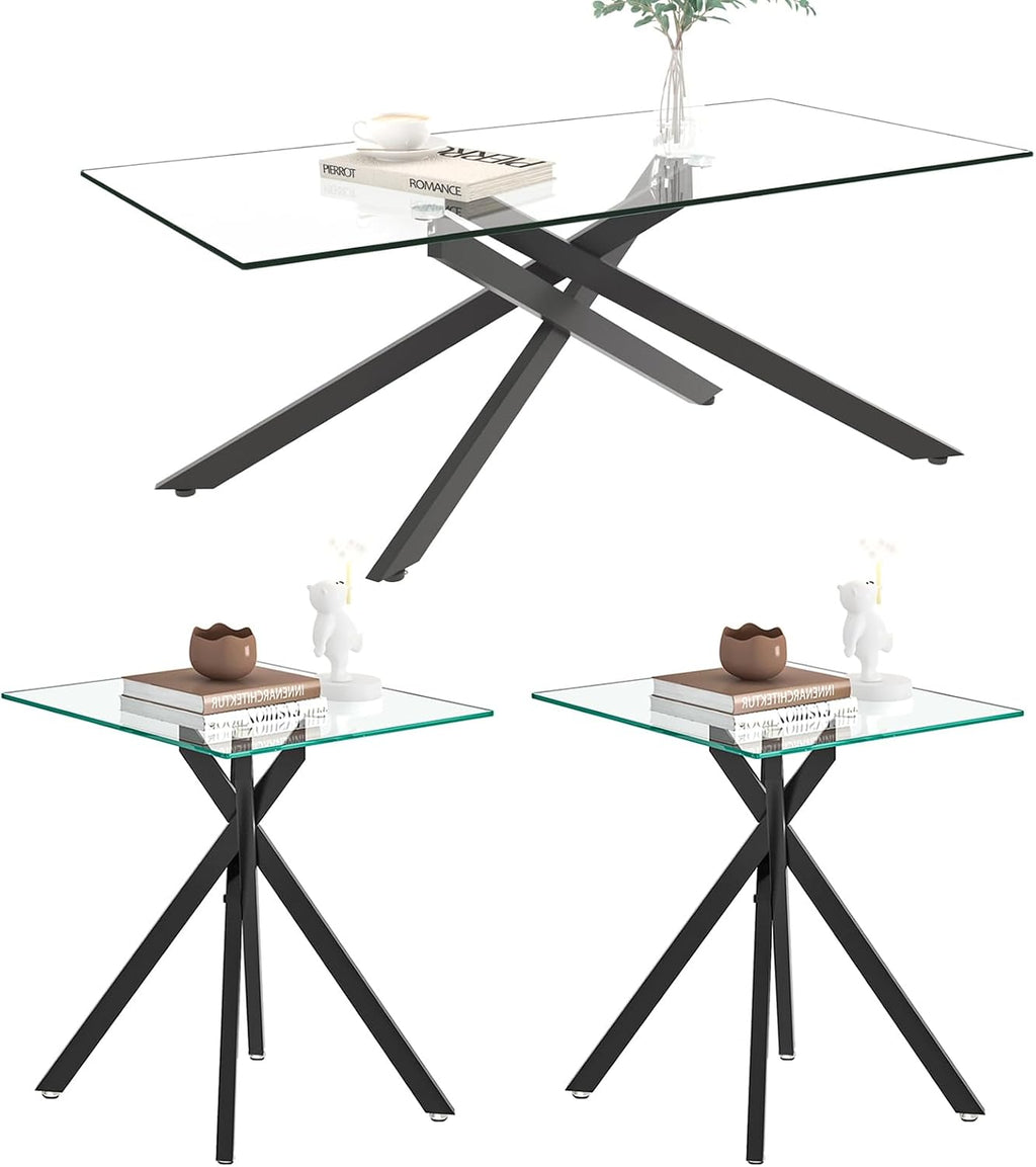 Glass 3 Piece Living Room Table Set,Glass Coffee Table and End Table Sets,Accent Table Sofa Table Sets with X-Designed Metal Legs and Tempered Glass Tabletop for Living Room Furniture (3, Black)