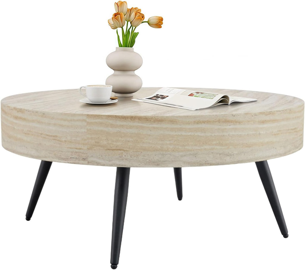 Round Coffee Table, Small Wood Stone Coffee Table with Storage, Modern Mid Century Circle Tables Accent Center Tables for Living Room Apartment Small Space (31.5''D-Stone Travertine Pattern)