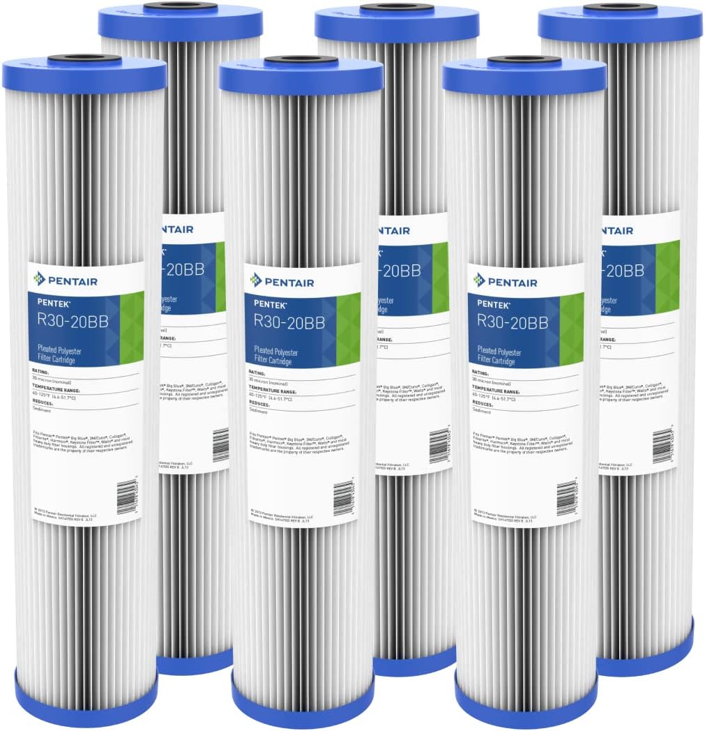 Pentair Pentek R30-20BB Big Blue Sediment Water Filter, 20-Inch, Whole House Pleated Polyester Filter Cartridge, 20' x 4.5', 30 Micron, Pack of 6