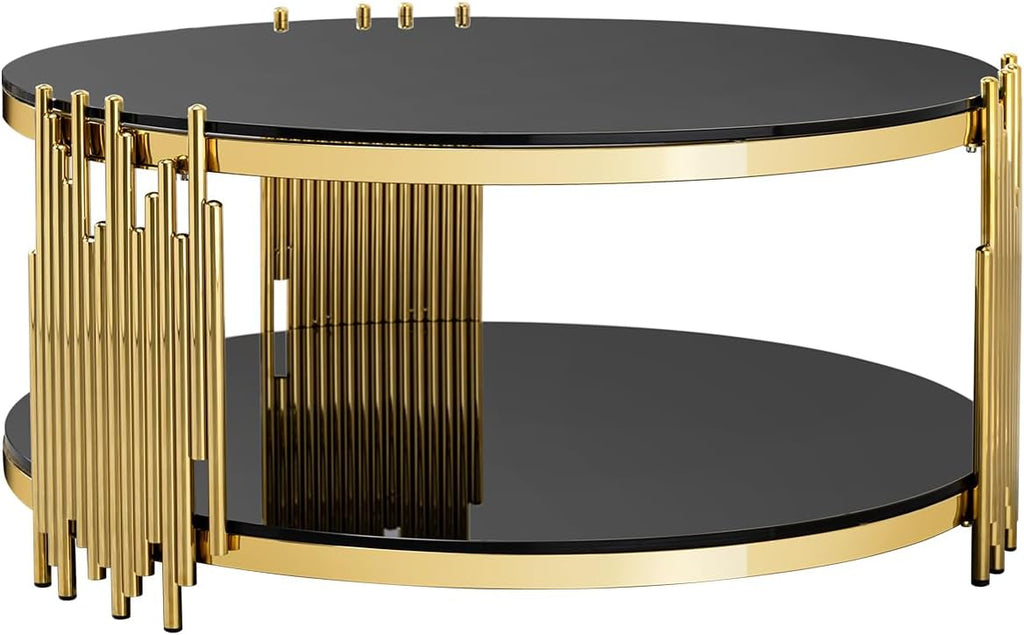 31.5'' Tempered Glass Round Coffee Table for Living Room, 2-Tier Modern Circle Coffee Table, Glass Tabletop & Stainless Steel Frame, Easy Assembly, Black & Gold