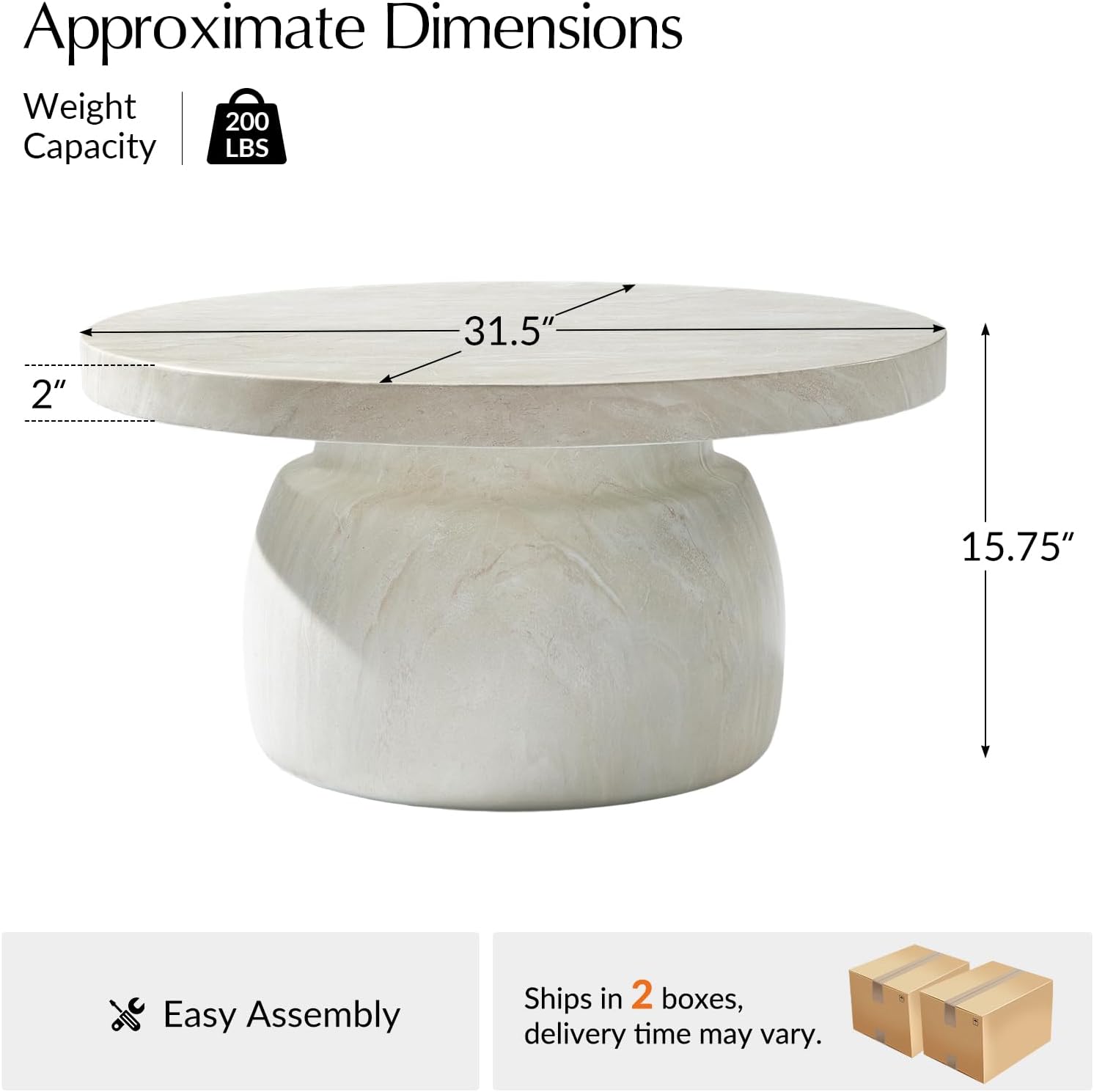 HULALA HOME Modern Marble Coffee Table, 31.5 Inch Round Coffee Table with Marble Concrete Base, for Living Room, with Tabletop, Easy Assembly, Beige