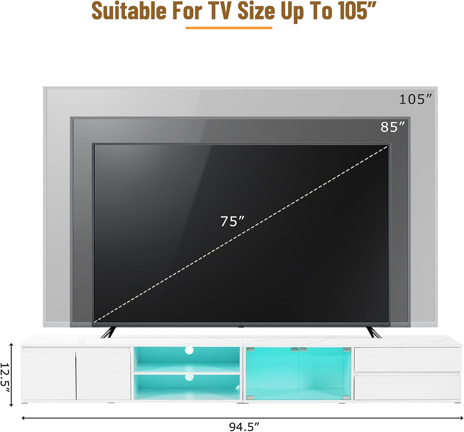 Virubi TV Stand with Faux Marble Tabletop for TVs Up to 105', Modern Media Console with APP Controlled LED & Tempered Glass Doors, Entertainment Center with Drawers for Living Room, White
