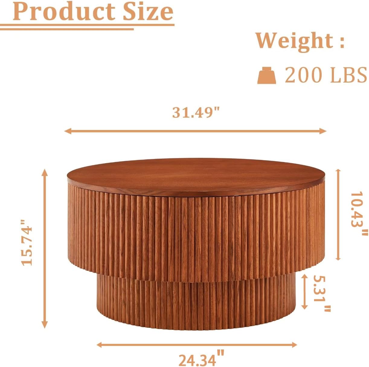 31.49' Wood Round Coffee Table for Living Room, Fluted Circle Coffee Table with Storage, Modern Handcraft Coffee Table for Apartment, Easy Assembly(Espresso, 31.49'x31.49'x15.74')