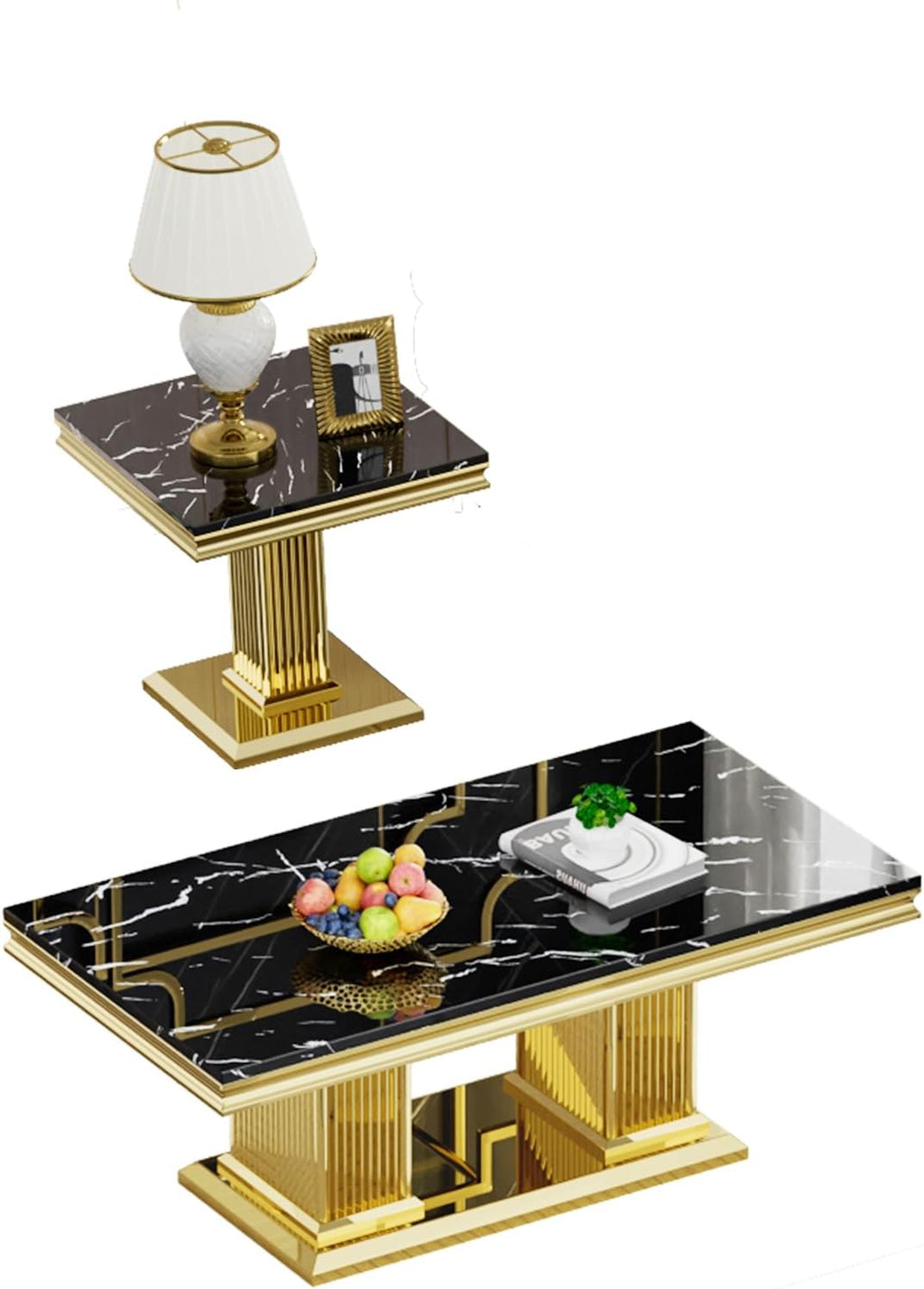 2 Pieces Coffee Table Set, Faux Marble Living Room Table Set of 2, Modern Coffee Table and End Table with Column-Shaped Stainless Steel Base for Living Room Office (Black Gold)