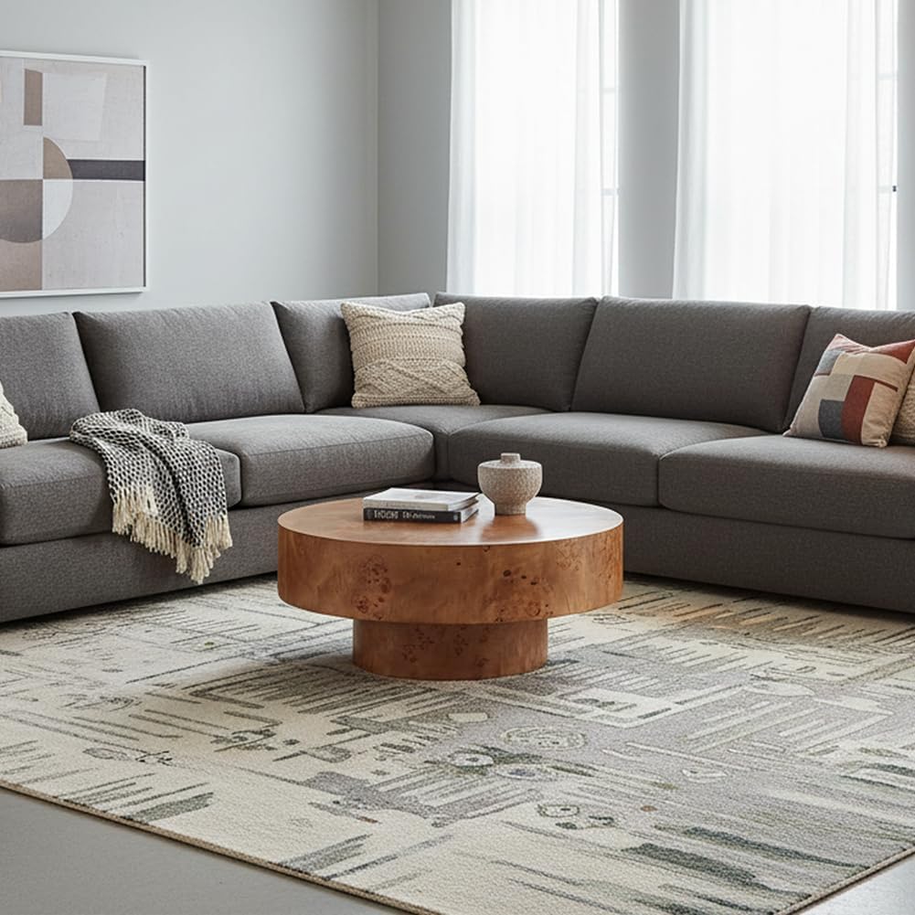 Burl Wood Coffee Table for Living Room Round Wood Coffee Table with Pedestal 31.49' Modern Circle Center Tables Accent Tables for Apartment, Easy Assembly, Brown