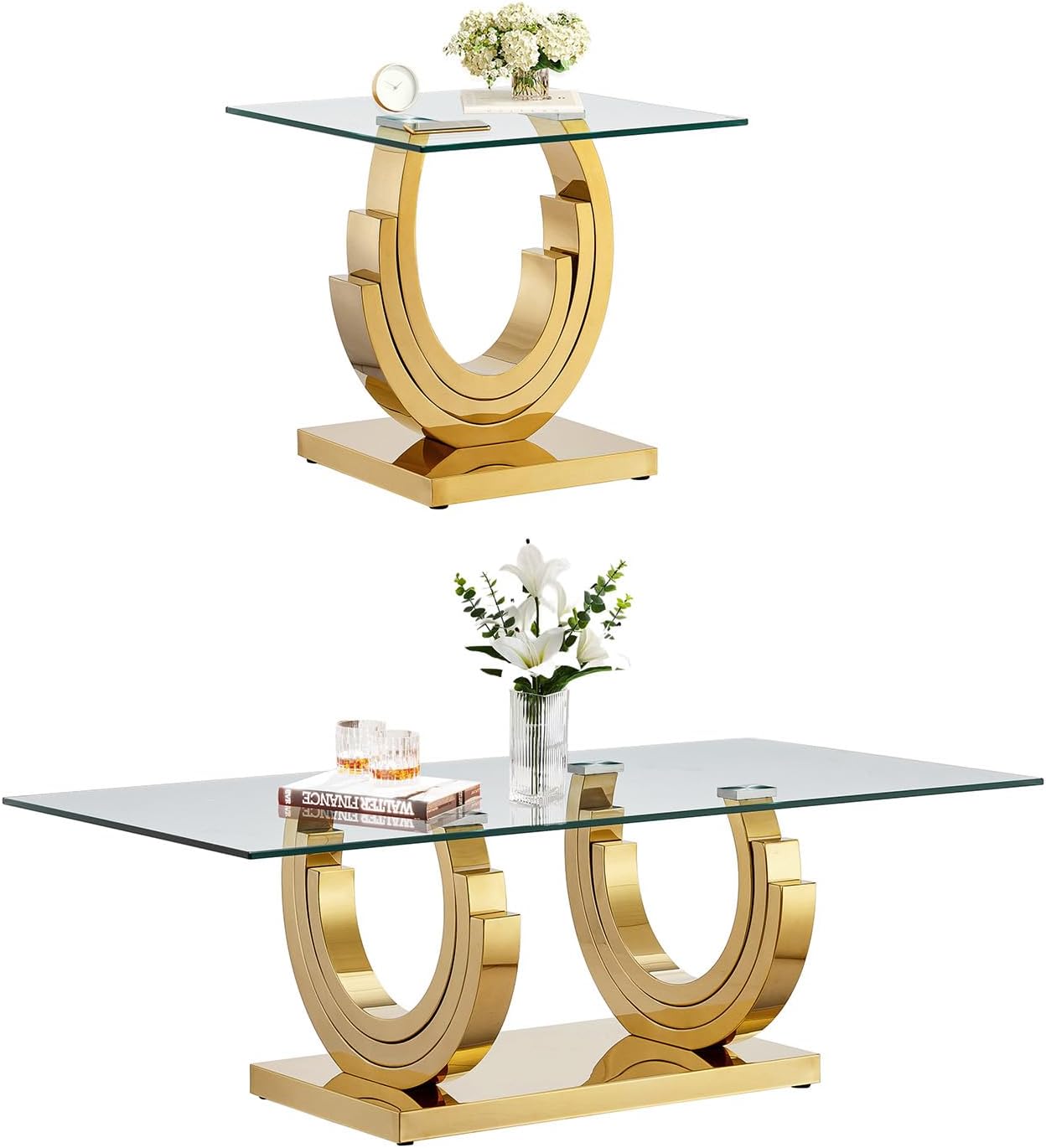 2 Piece Living Room Table Set Include 1 Glass Coffee Table & 1 End Table, Modern Gold Coffee Table Set of 2 with C-Shape Stainless Steel Pedestal Base